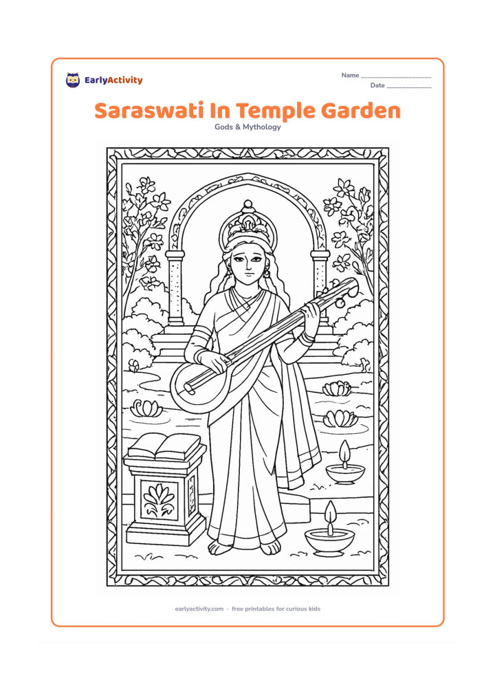 Colouring page: Saraswati stands in a peaceful temple garden holding a veena, with a blank book resting on a carved pedestal. Include an arched temple entrance without inscriptions, stone steps, lamps,…