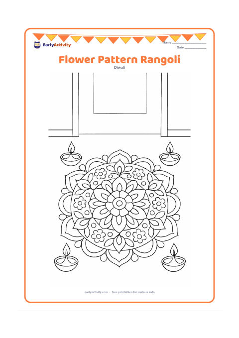Colouring page: Draw a large rangoli made from repeated flowers, leaves, circles, and curved petals, with four diyas placed around its outer edge. Show it on the floor near a plain doorway.