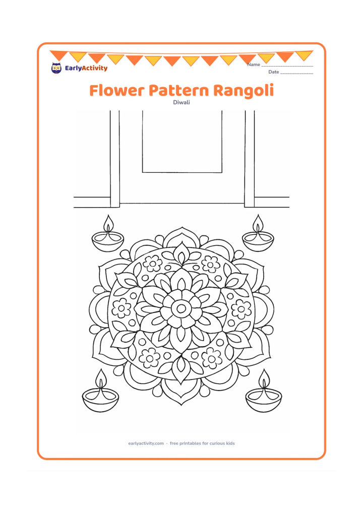 Colouring page: Draw a large rangoli made from repeated flowers, leaves, circles, and curved petals, with four diyas placed around its outer edge. Show it on the floor near a plain doorway.