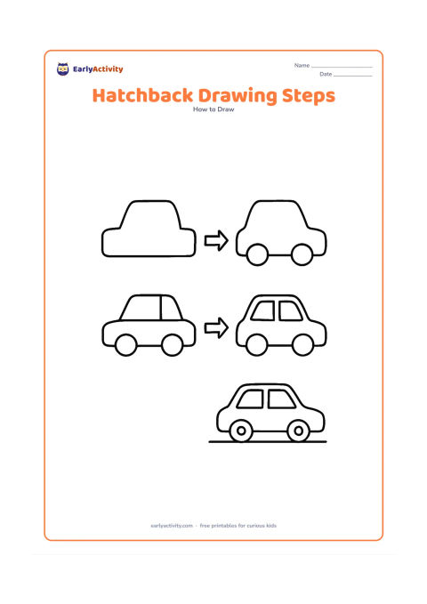 Worksheet: Arrange four picture-only stages from left to right: basic body shapes, roof and wheels, windows and doors, then a finished small hatchback on a road. Use arrows made only from plain…