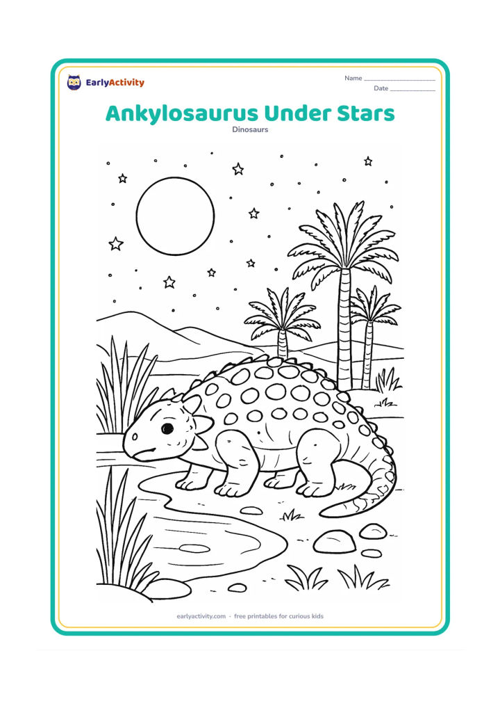Colouring page: Ankylosaurus rests beside a shallow pool on a clear prehistoric night, surrounded by reeds, rocks and tall cycads beneath a star-filled sky. Add a large moon and a soft mountain horizon.