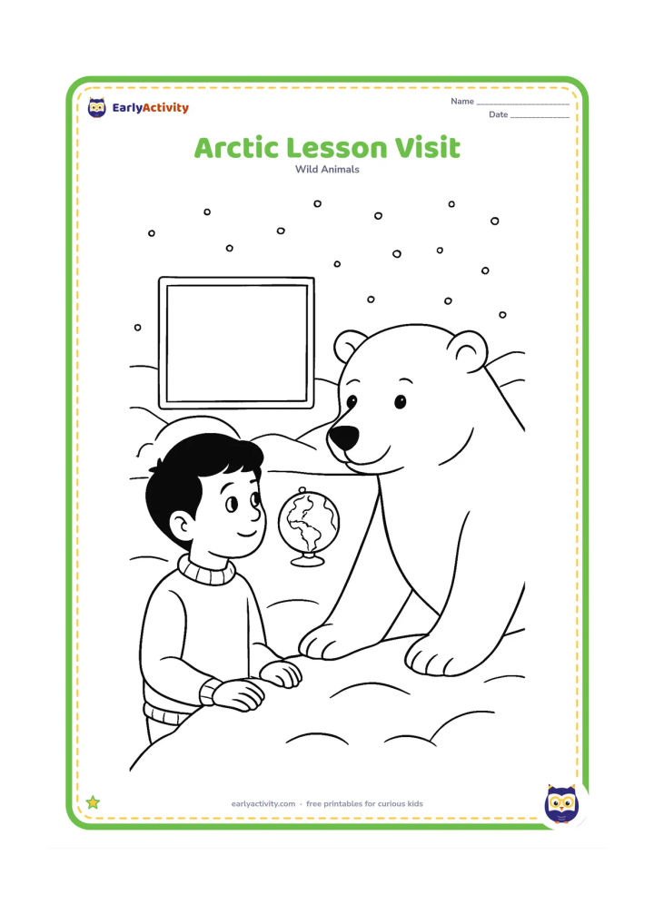 Colouring page: An Indian primary-school child in a simple winter sweater observes a large friendly polar bear across a safe low snowbank, with a blank classroom-style display board, a globe without…