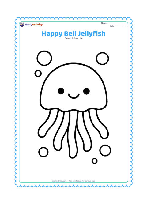Colouring page: Draw one large smiling jellyfish floating in the centre, with a rounded bell and six short, gently curved tentacles. Add a few large bubbles around it and leave the background open.