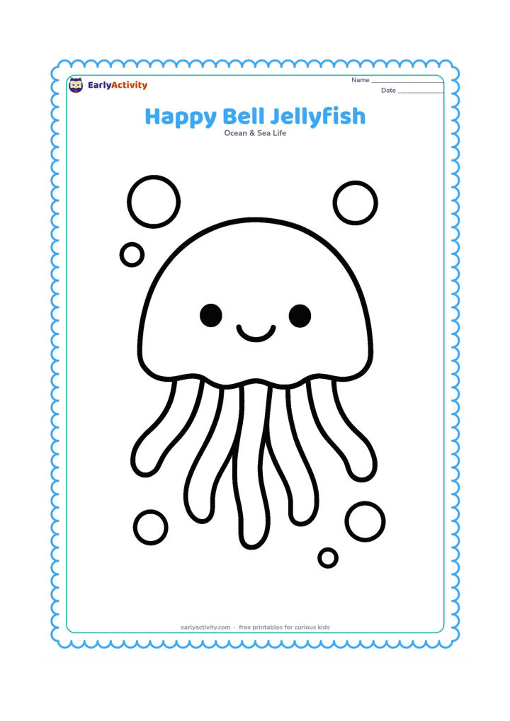 Colouring page: Draw one large smiling jellyfish floating in the centre, with a rounded bell and six short, gently curved tentacles. Add a few large bubbles around it and leave the background open.
