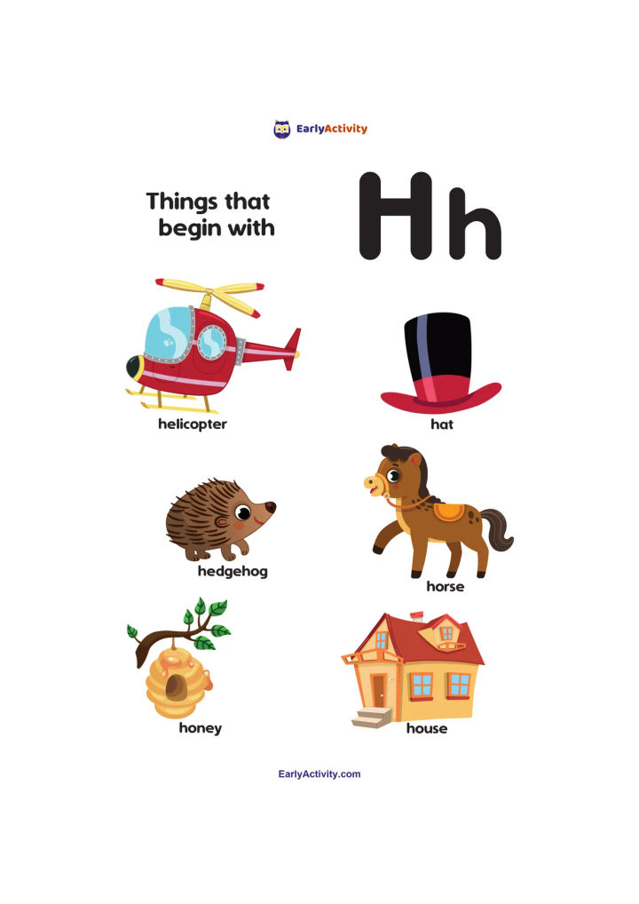 Worksheet showing the letter H and six labelled pictures: a helicopter, hat, hedgehog, horse, honey and house.