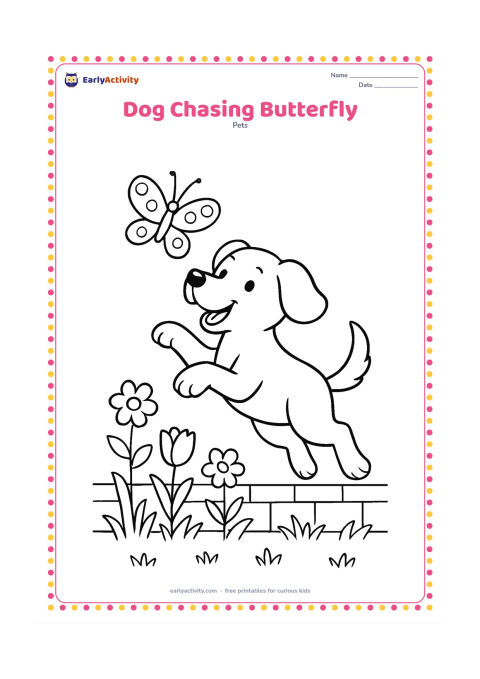 Colouring page: Draw a playful dog leaping after a butterfly, with its front paws lifted and tail stretched behind it. Place the butterfly above the dog and add flowers, grass, and a low garden wall.