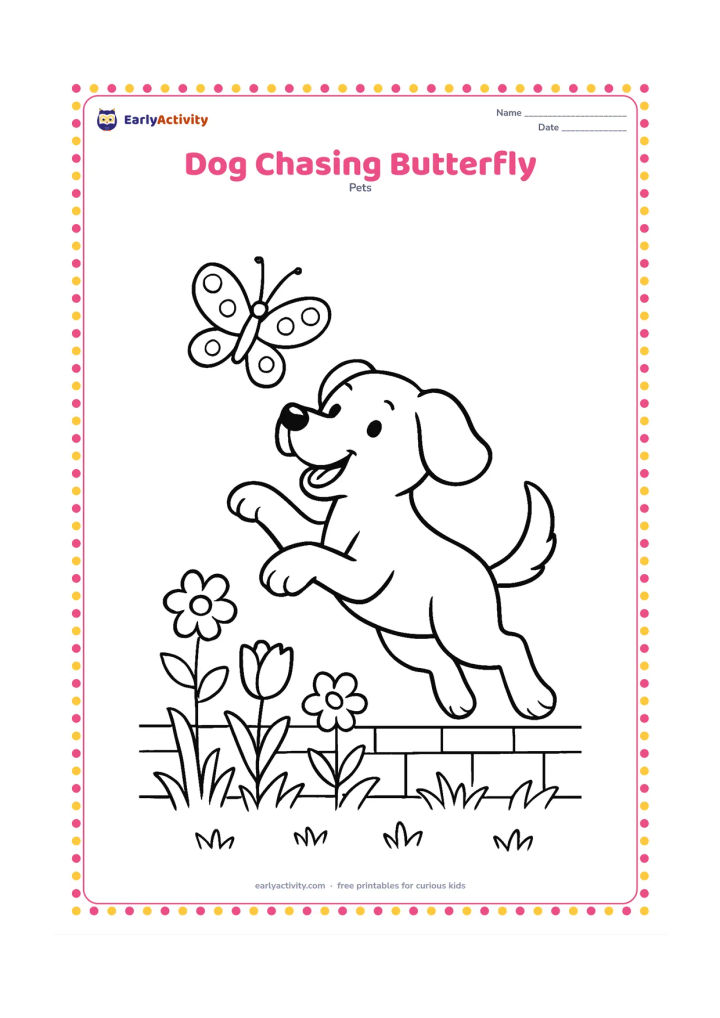 Colouring page: Draw a playful dog leaping after a butterfly, with its front paws lifted and tail stretched behind it. Place the butterfly above the dog and add flowers, grass, and a low garden wall.