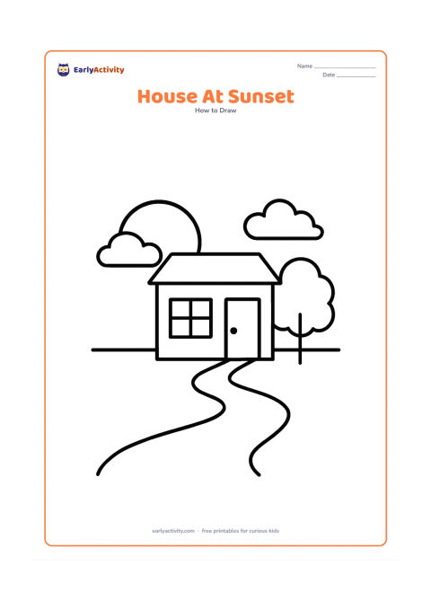 Worksheet: Show a simple house with a flat roof, two windows and a door against a low horizon, with a large setting sun and two rounded clouds behind it. Add one simple tree and a winding path in…