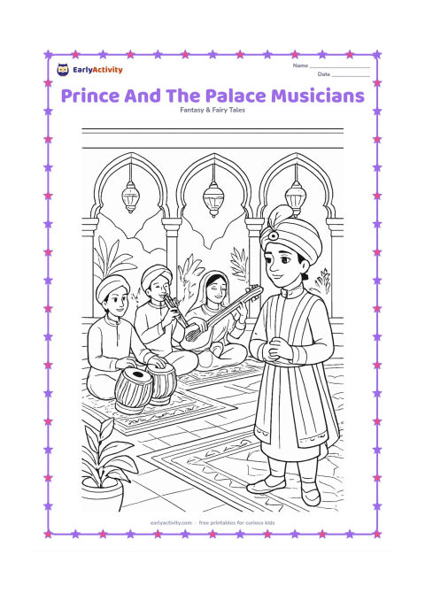 Colouring page: A prince listens to a small group of palace musicians performing in an Indian courtyard. Include a tabla player, a flute player, a veena player, carved arches, patterned rugs, plants,…
