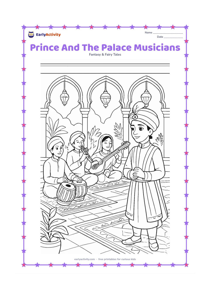 Colouring page: A prince listens to a small group of palace musicians performing in an Indian courtyard. Include a tabla player, a flute player, a veena player, carved arches, patterned rugs, plants,…