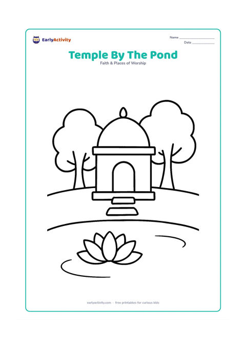 Colouring page: A small temple with a dome beside a quiet pond, with one lotus flower, two broad trees and a short stone path to the entrance. Leave the water surface mostly open.