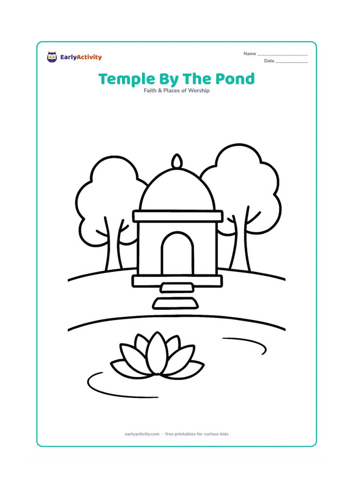 Colouring page: A small temple with a dome beside a quiet pond, with one lotus flower, two broad trees and a short stone path to the entrance. Leave the water surface mostly open.