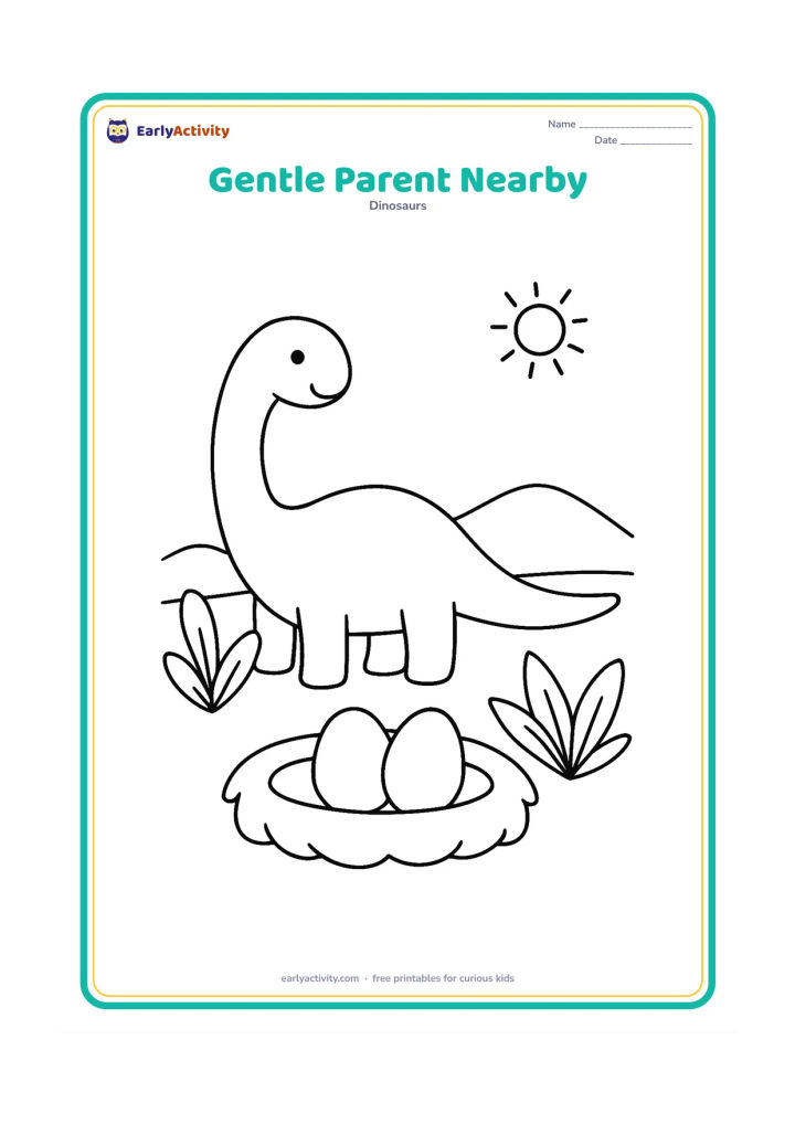 Colouring page: A calm long-necked dinosaur stands a short distance behind a large nest containing two eggs. Add a low hill, a small sun, and two broad prehistoric plants.