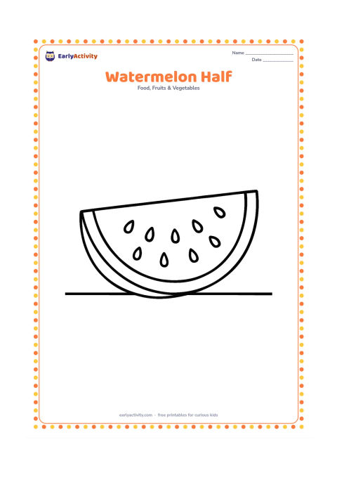Colouring page: Draw half of a watermelon resting cut-side up, showing the rind, flesh and scattered seeds. Place it on a simple table line.
