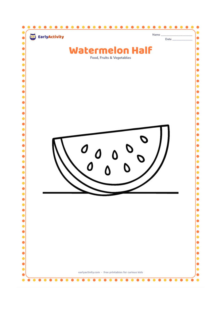 Colouring page: Draw half of a watermelon resting cut-side up, showing the rind, flesh and scattered seeds. Place it on a simple table line.