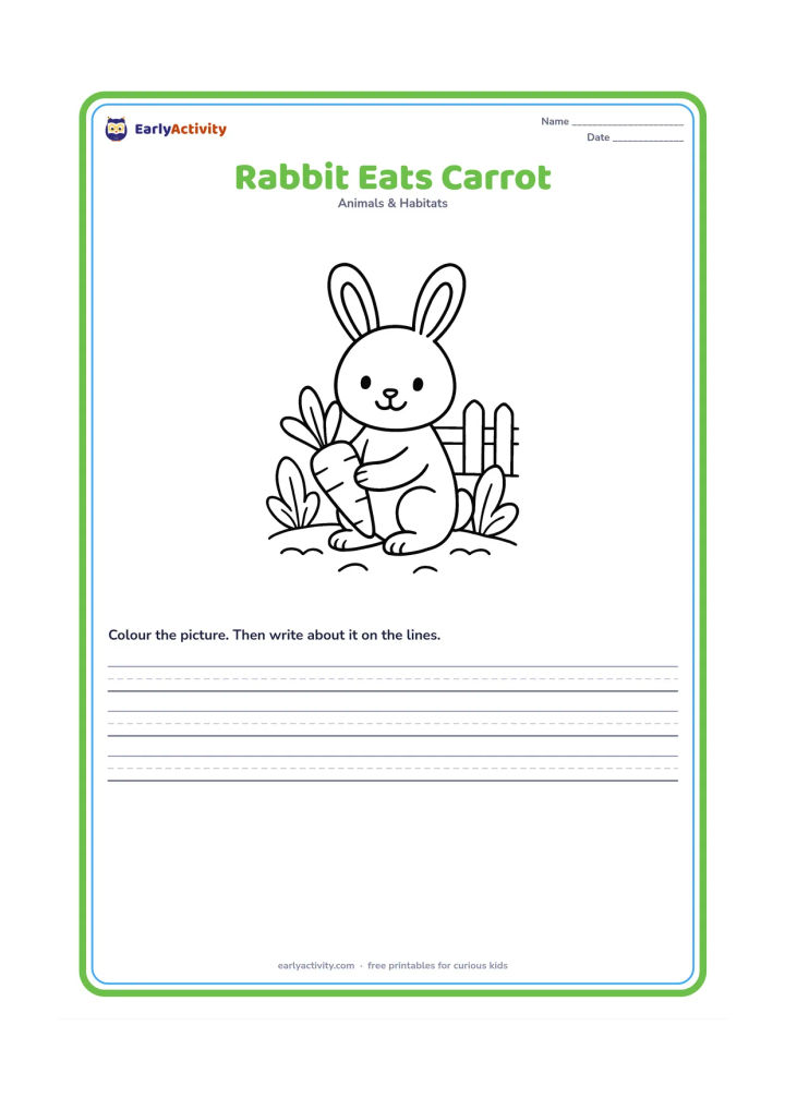 Worksheet: Draw a rabbit sitting in a small vegetable patch and holding a large carrot. Include two oversized leaves and a simple fence behind it.
