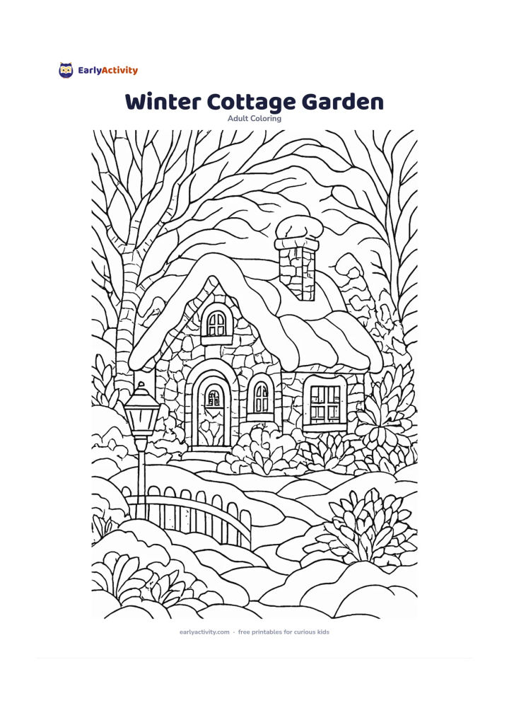Colouring page: A small cottage with a chimney, snowy roof, bare branches, evergreen shrubs, a curved fence and a lantern sits in a peaceful winter garden. Divide the roof, fence, tree branches, shrubs…