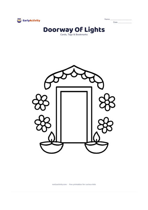 Worksheet: Draw a simple Indian doorway with a curved toran across the top and two large diyas on the floor. Add three big flower shapes beside the doorway and leave the door area open for decoration.