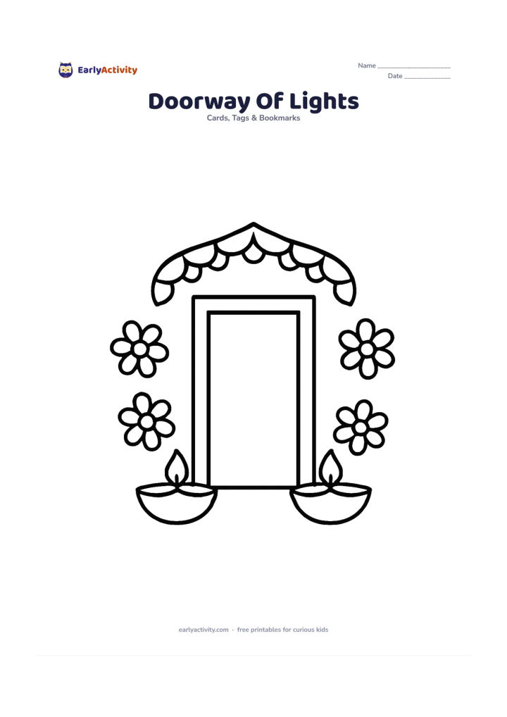 Worksheet: Draw a simple Indian doorway with a curved toran across the top and two large diyas on the floor. Add three big flower shapes beside the doorway and leave the door area open for decoration.