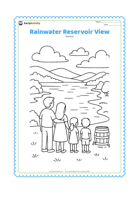 Colouring page: A family looks across a full reservoir after monsoon rain from a safe grassy viewpoint, with clouds, hills, a small inlet stream, trees, and a simple rain barrel nearby. Include…
