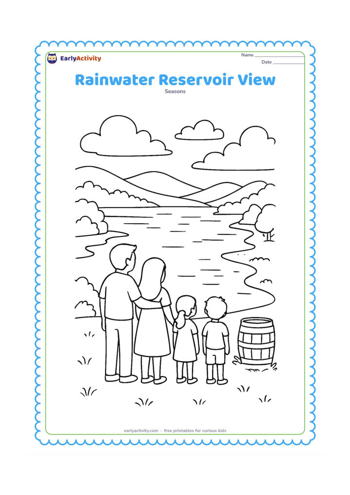 Colouring page: A family looks across a full reservoir after monsoon rain from a safe grassy viewpoint, with clouds, hills, a small inlet stream, trees, and a simple rain barrel nearby. Include…