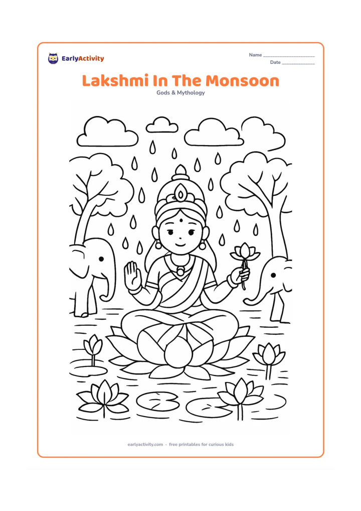 Colouring page: Draw Goddess Lakshmi seated on a lotus pond during gentle monsoon rain, with two elephants under broad leafy trees and fresh lotus blooms around the water. Include soft cloud shapes in…