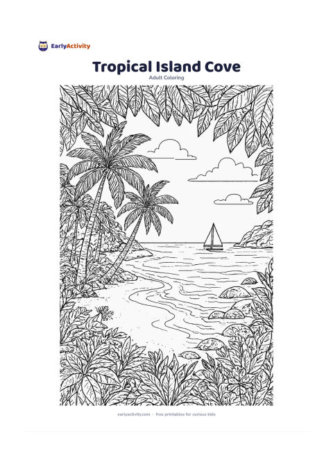 Colouring page: A sheltered tropical cove with a sandy beach, palm trees, smooth rocks, shallow waves and a small sailboat beyond the bay. Frame the scene with leafy branches while leaving the central…
