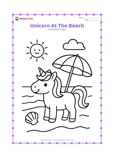 Colouring page: Draw one unicorn standing on a sandy beach beside a large beach umbrella and a simple seashell. Add a low ocean line, one cloud, and a friendly sun.