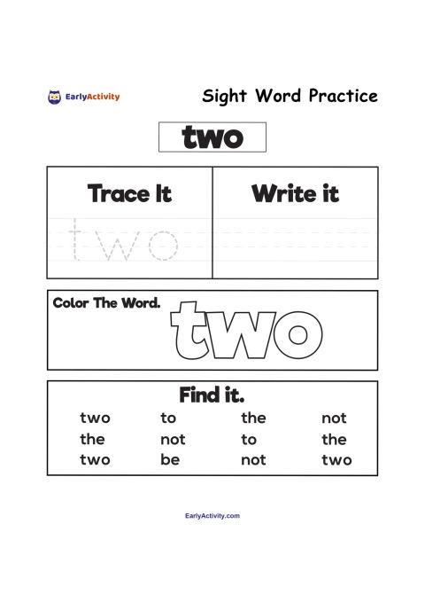 Worksheet for practising the sight word “two” with tracing, writing, colouring and word-finding activities.