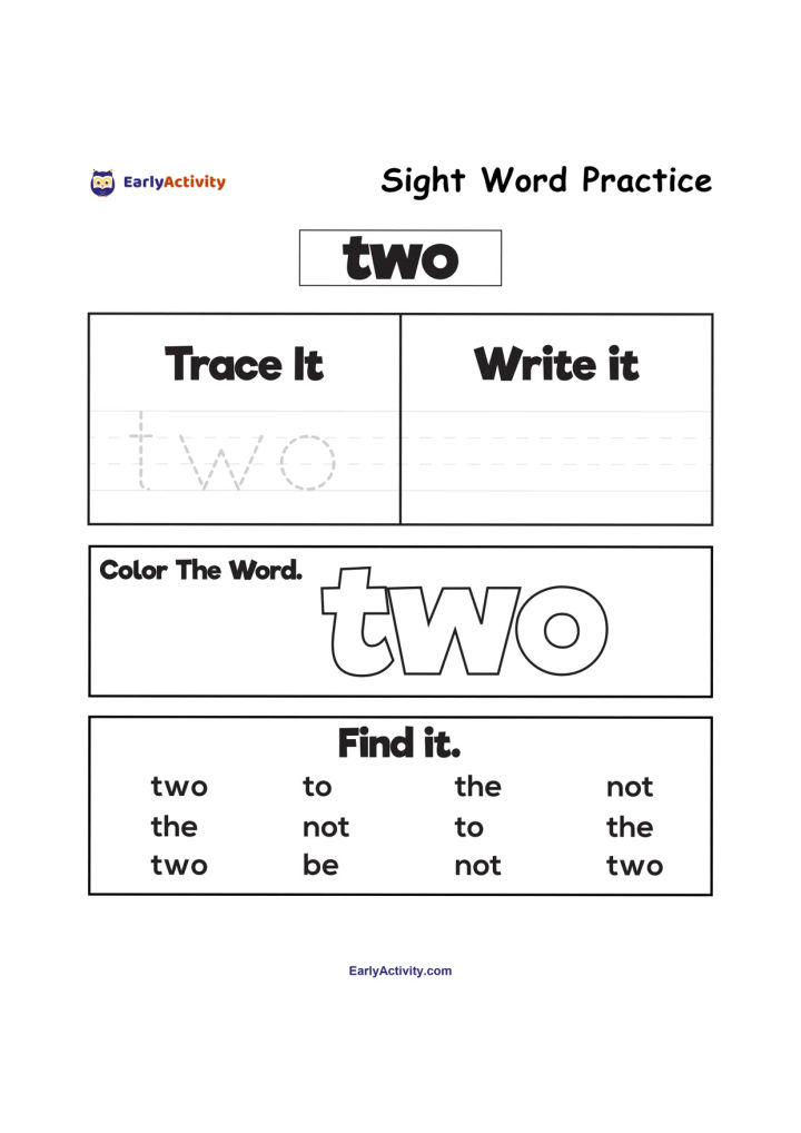 Worksheet for practising the sight word “two” with tracing, writing, colouring and word-finding activities.