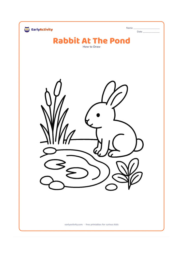 Worksheet: Show a rabbit sitting beside a small pond, looking at two simple lily pads and a curved reflection line. Add reeds, a few smooth stones and a leafy plant around the pond.