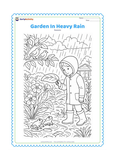 Colouring page: A detailed botanical garden scene shows a child in boots examining a large leaf, frogs near a pond, birds in a tree, flowers bending under rain, and a small covered walkway. Include…