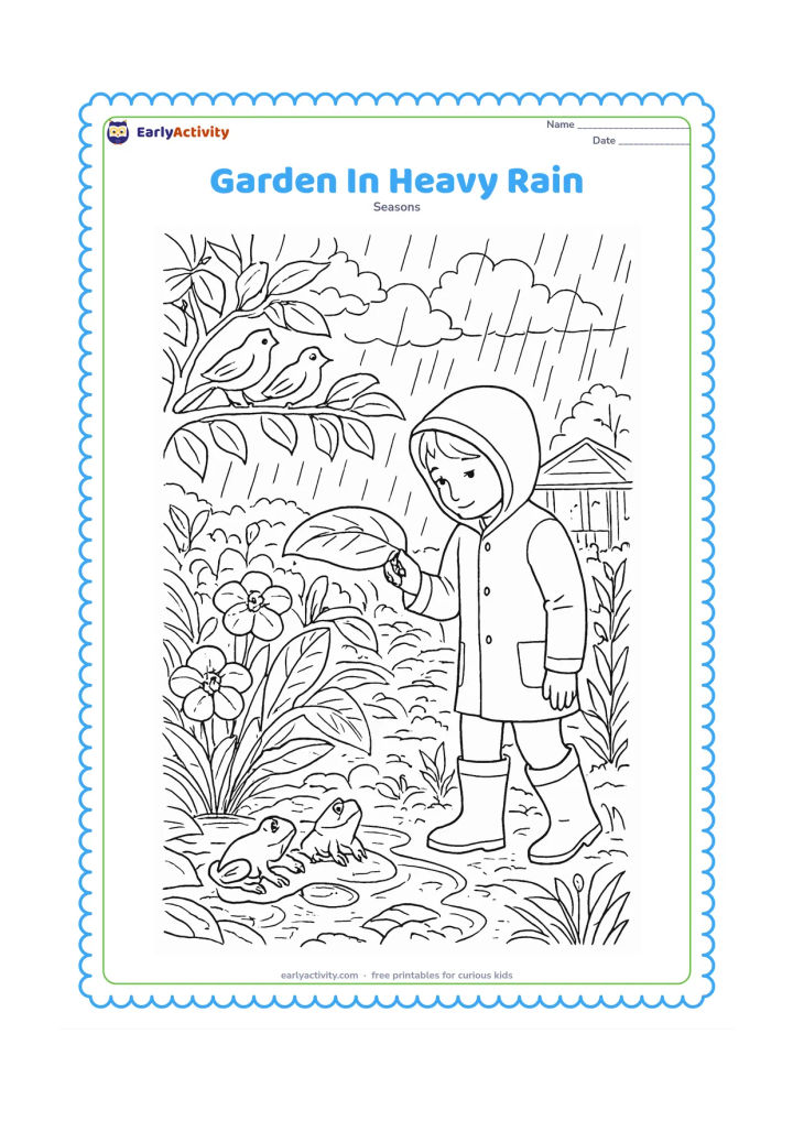 Colouring page: A detailed botanical garden scene shows a child in boots examining a large leaf, frogs near a pond, birds in a tree, flowers bending under rain, and a small covered walkway. Include…