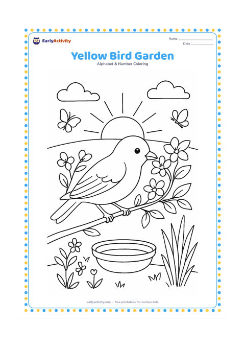 Colouring page: Draw a yellow bird feeding on a flowering garden branch at dawn, with a clay water bowl, butterflies, tall plants, and a softly outlined sunrise.