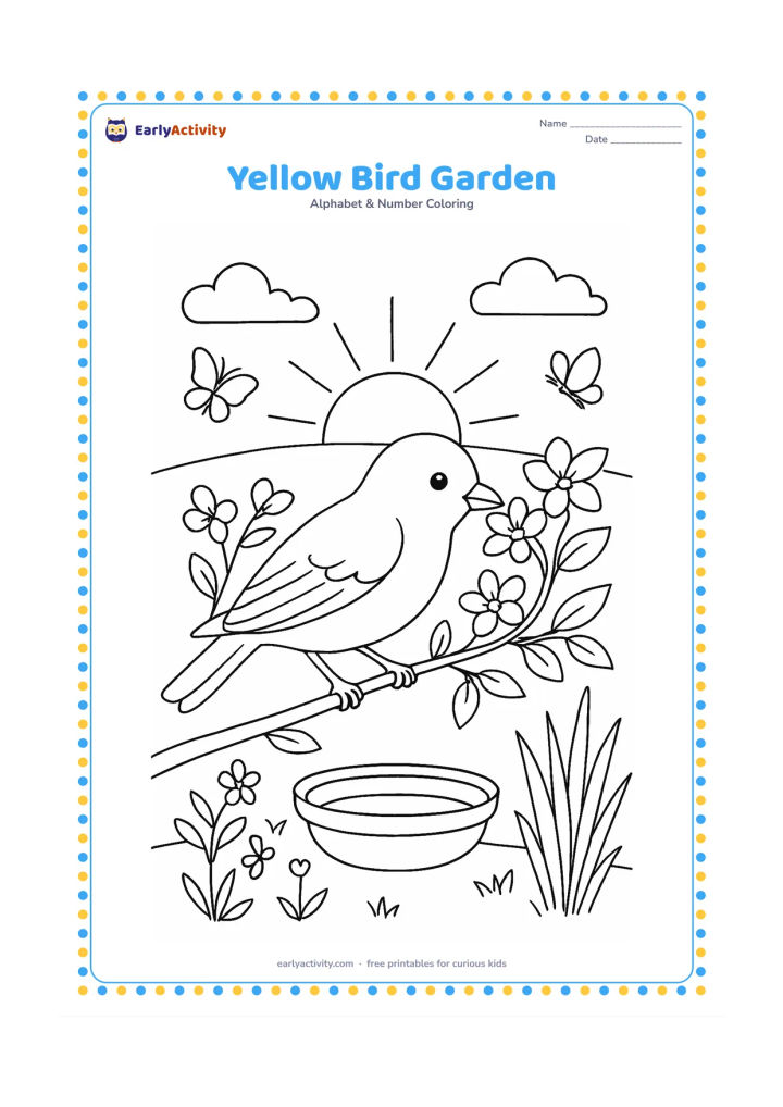 Colouring page: Draw a yellow bird feeding on a flowering garden branch at dawn, with a clay water bowl, butterflies, tall plants, and a softly outlined sunrise.