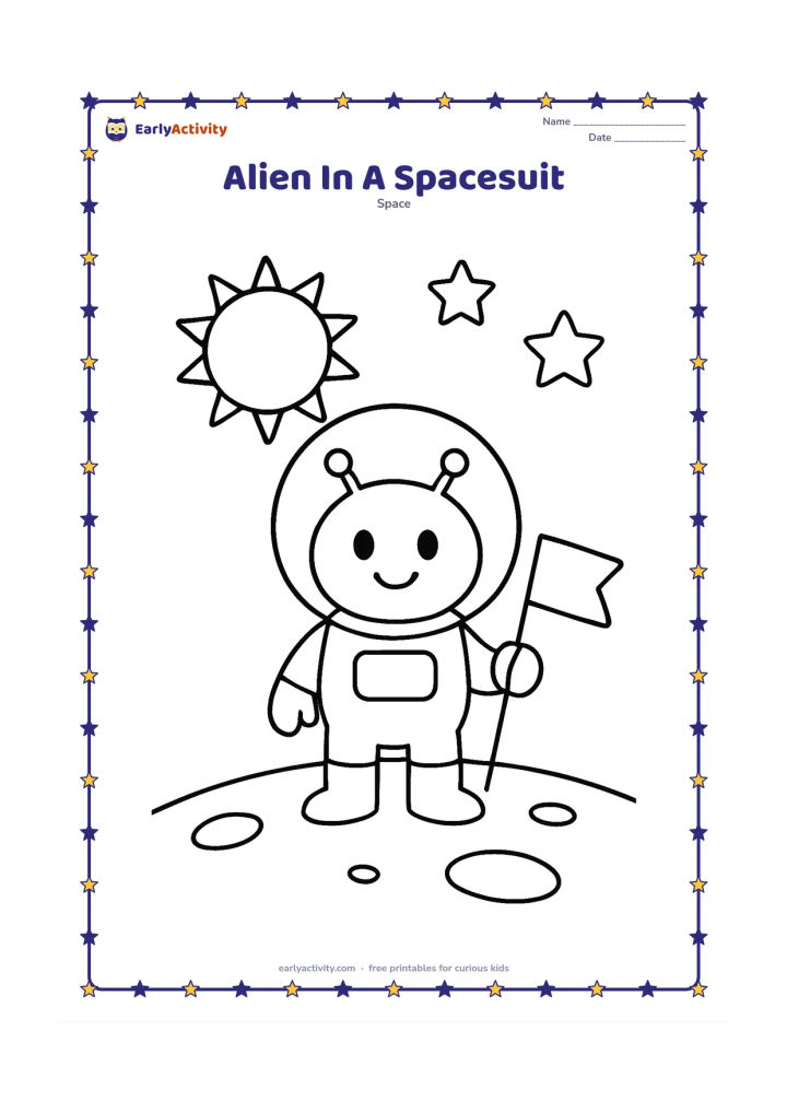 Colouring page: Draw a friendly alien wearing a simple round space helmet and boots, holding a small flag with no markings on a smooth planet surface. Place a large sun and two stars behind it.