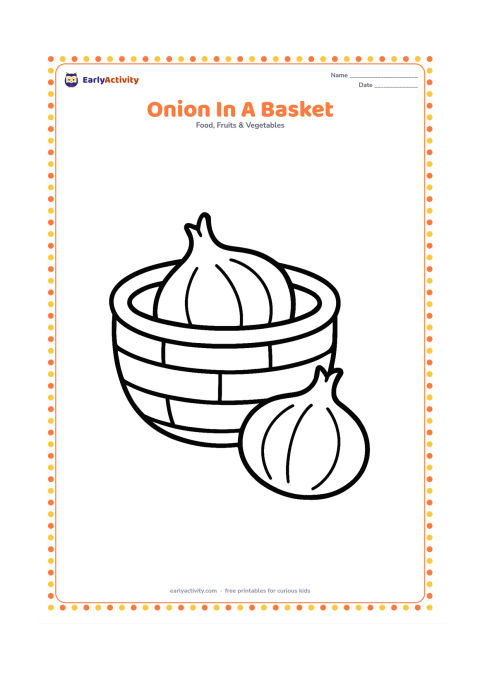 Colouring page: Show one round onion with a short stem inside a simple open basket, with one onion beside the basket. Keep the basket and vegetables large.