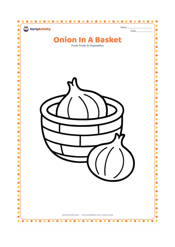 Colouring page: Show one round onion with a short stem inside a simple open basket, with one onion beside the basket. Keep the basket and vegetables large.