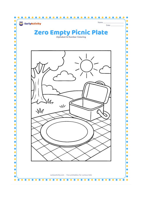 Colouring page: Draw a completely empty picnic plate on a checked cloth in a sunny park, with an open lunch bag beside it. Include a tree trunk and a few broad grass blades, but no food or other…