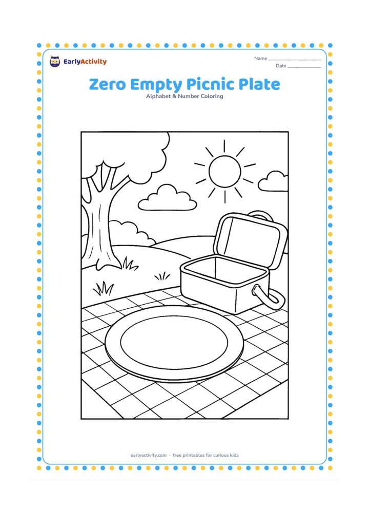 Colouring page: Draw a completely empty picnic plate on a checked cloth in a sunny park, with an open lunch bag beside it. Include a tree trunk and a few broad grass blades, but no food or other…