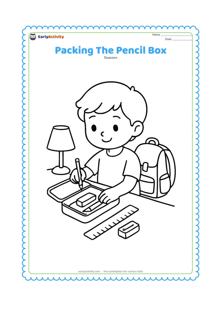 Colouring page: A child sits at home and places a pencil, eraser, sharpener and ruler into an open pencil box before school. A packed school bag and a small table lamp appear nearby.