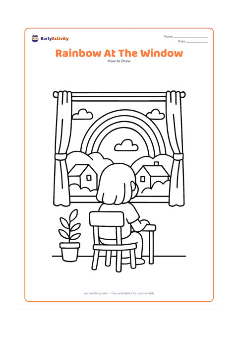 Worksheet: From inside a room, show a child seated near a window looking at a rainbow over rooftops after rain. Include a curtain, a simple chair, a potted plant and a few clouds, with the child…