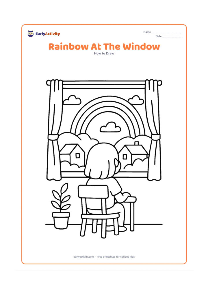 Worksheet: From inside a room, show a child seated near a window looking at a rainbow over rooftops after rain. Include a curtain, a simple chair, a potted plant and a few clouds, with the child…