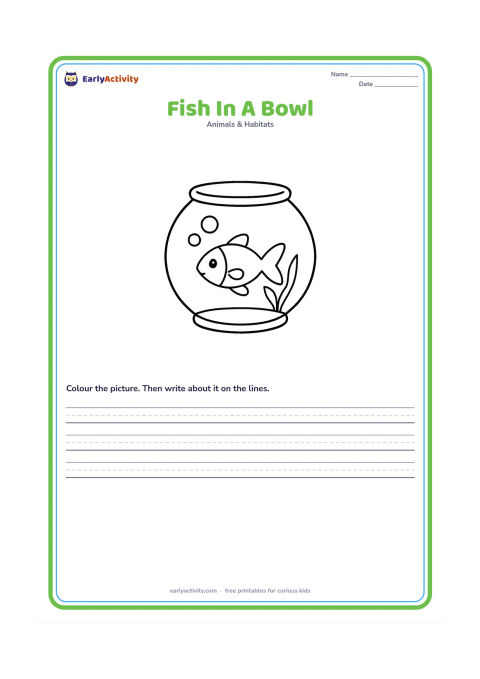 Worksheet: Draw one fish swimming in a round home fishbowl with two large bubbles and one simple aquatic plant. Keep the bowl centred and show the fish clearly inside it.