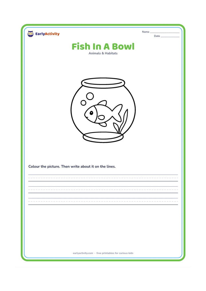 Worksheet: Draw one fish swimming in a round home fishbowl with two large bubbles and one simple aquatic plant. Keep the bowl centred and show the fish clearly inside it.
