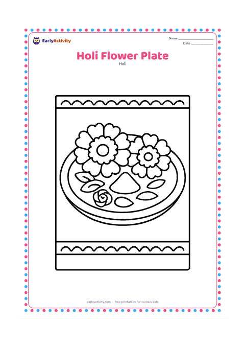 Colouring page: A decorated plate holds large marigold flowers, rose petals, and a small mound of gulal. Place the plate on a simple mat with two broad decorative borders.