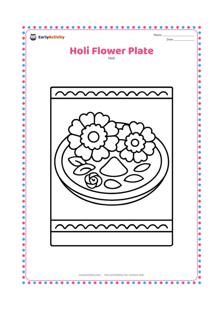 Colouring page: A decorated plate holds large marigold flowers, rose petals, and a small mound of gulal. Place the plate on a simple mat with two broad decorative borders.