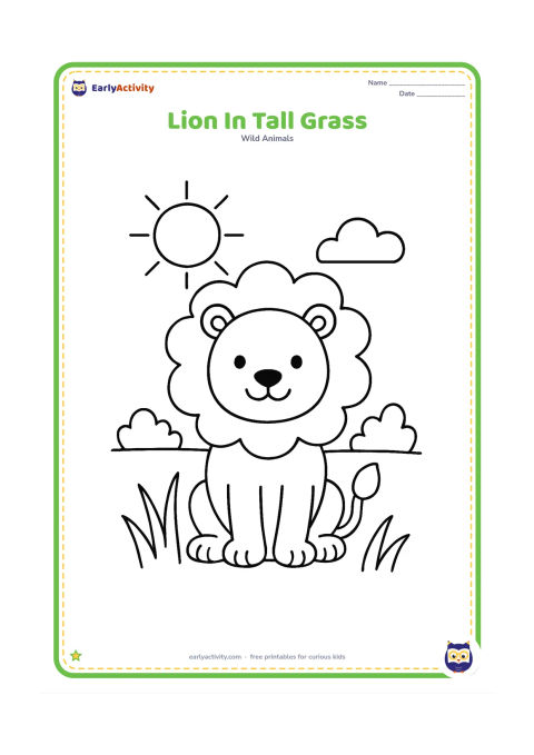 Colouring page: A friendly lion sits in a small patch of tall grass with its tail curled around its paws. Add a sun, two simple bushes, and a few grass shapes.