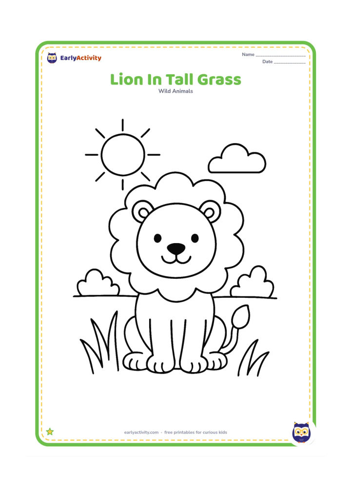 Colouring page: A friendly lion sits in a small patch of tall grass with its tail curled around its paws. Add a sun, two simple bushes, and a few grass shapes.