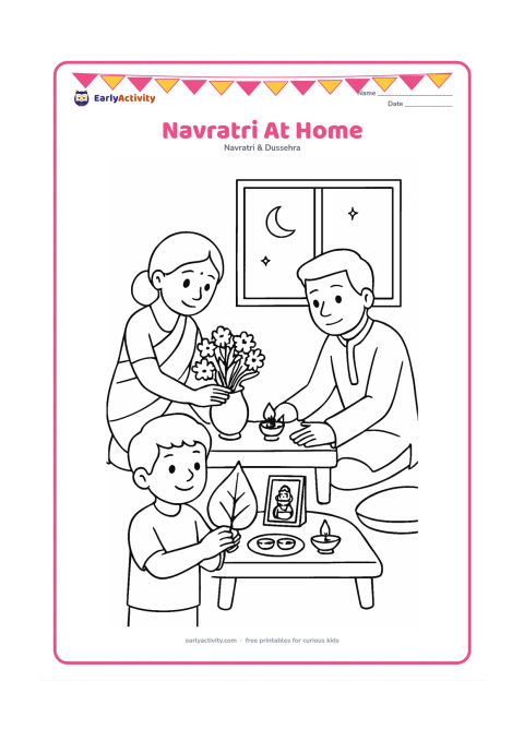 Colouring page: Draw a family preparing a festive prayer corner at home, with one person arranging flowers, another placing a diya, and a child holding a kalash leaf. Include a low table, cushions, and…